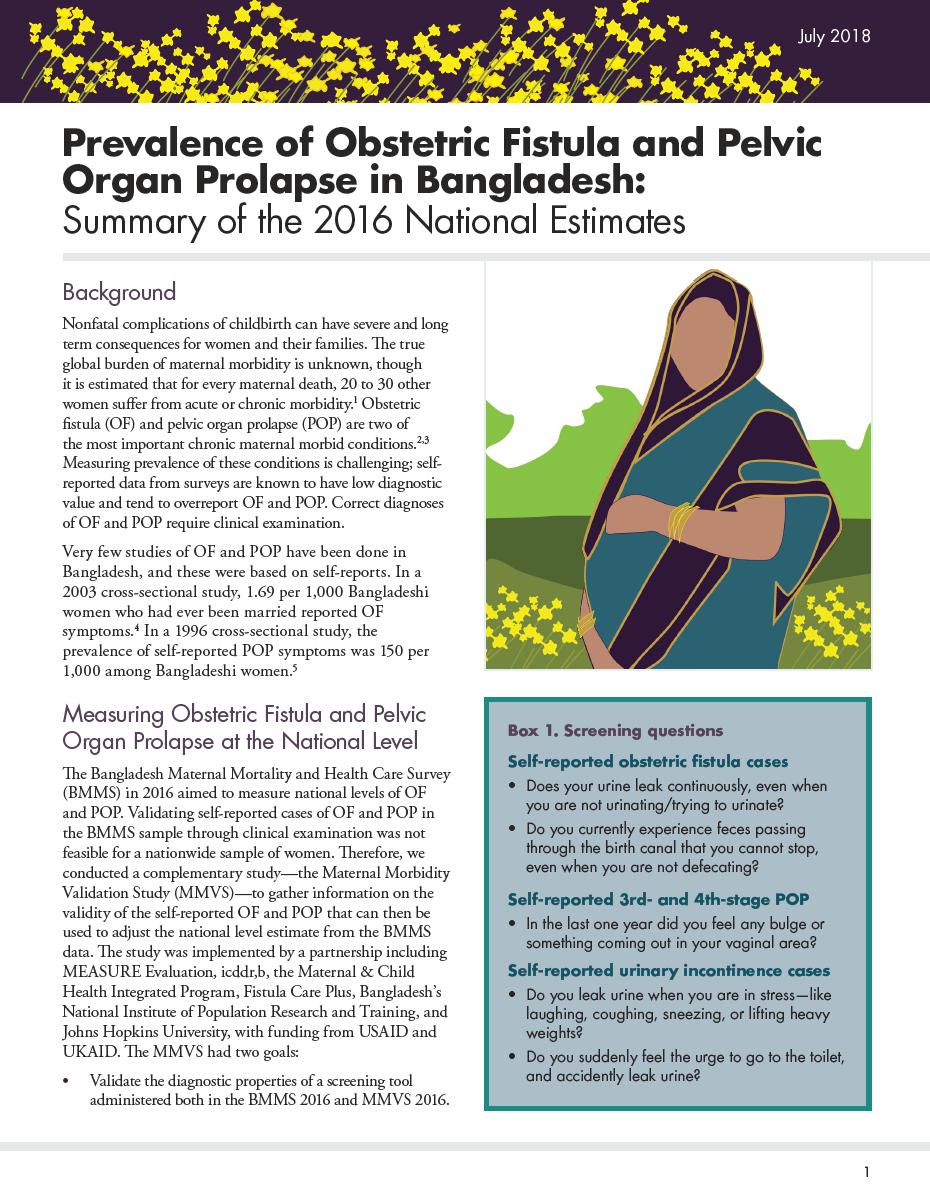 Prevalence of Obstetric Fistula and Pelvic Organ Prolapse in Bangladesh: Summary of the 2016 National Estimates