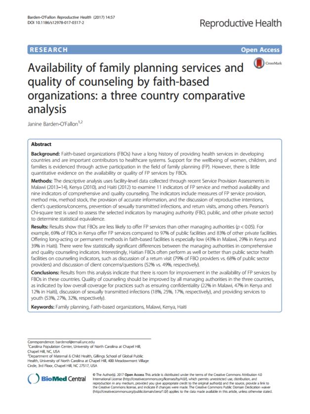 Availability of family planning services and quality of counseling by faith-based organizations: a three country comparative analysis