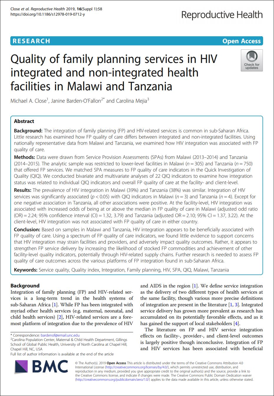 Quality of family planning services in HIV integrated and non-integrated health facilities in Malawi and Tanzania