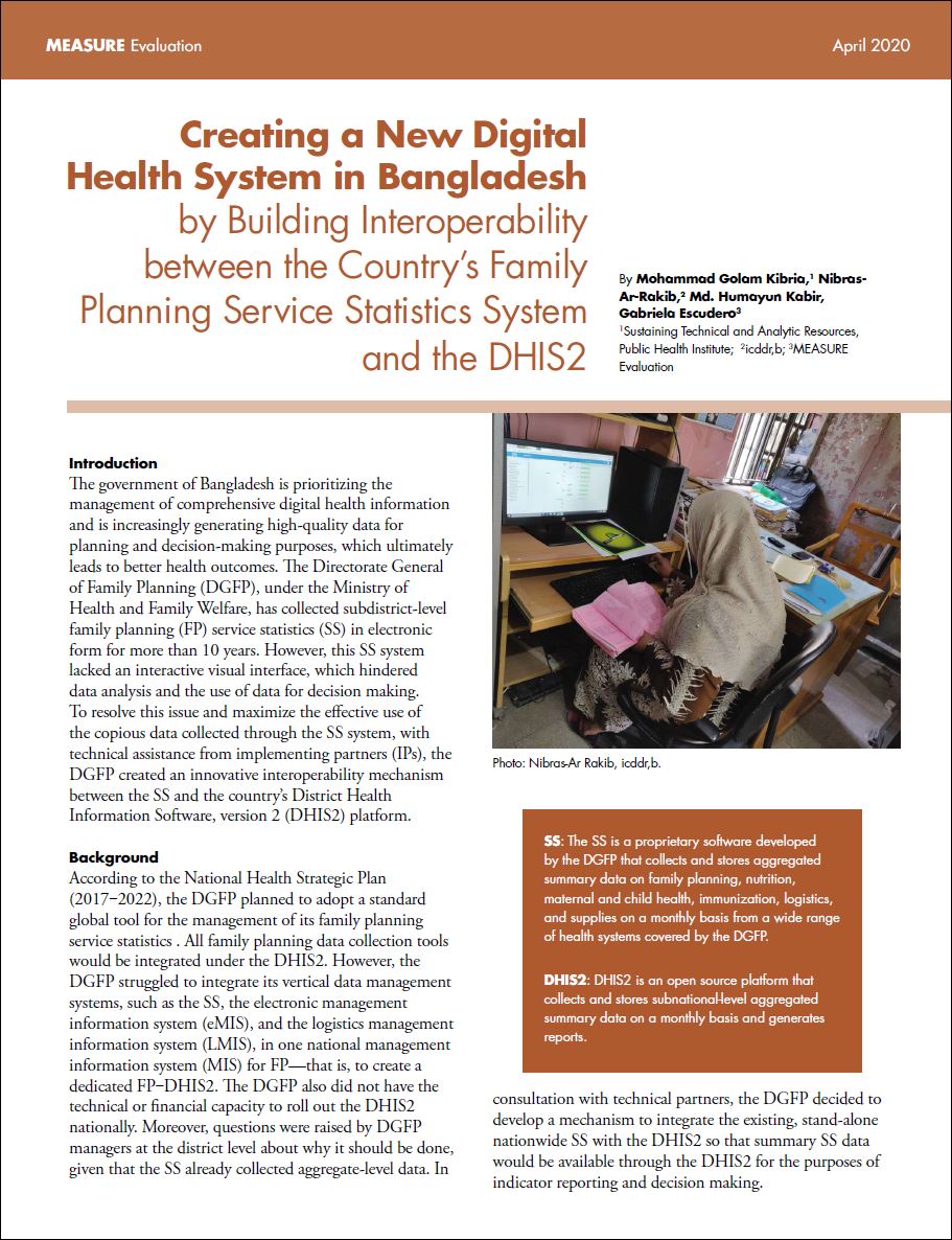 Creating a New Digital Health System in Bangladesh by Building Interoperability between the Countrys Family Planning Service Statistics System and the DHIS2