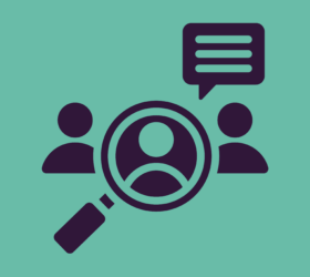 Graphic of 3 people with a magnifying glass and a speech bubble
