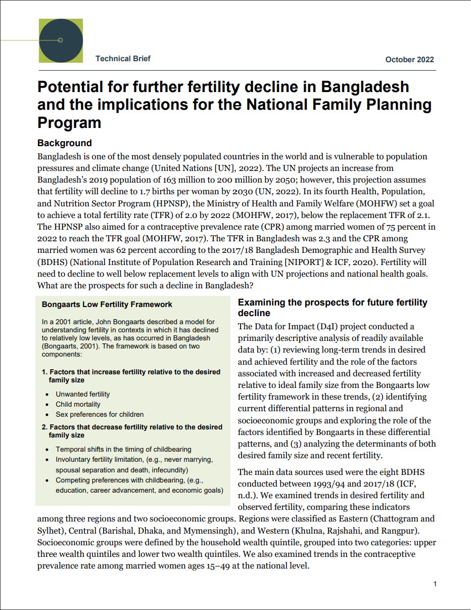 Potential for further fertility decline in Bangladesh and the implications for the National Family Planning Program photo pic