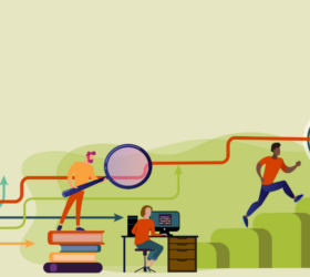 Person with a magnifying glass, person working on a computer, person climbing a hill, person at the top of the hill.