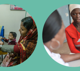 Image 1: Bangladeshi mother at a medical appointment with her child and Image 2: a Tanzanian mother holding her newborn and speaking with a nurse.