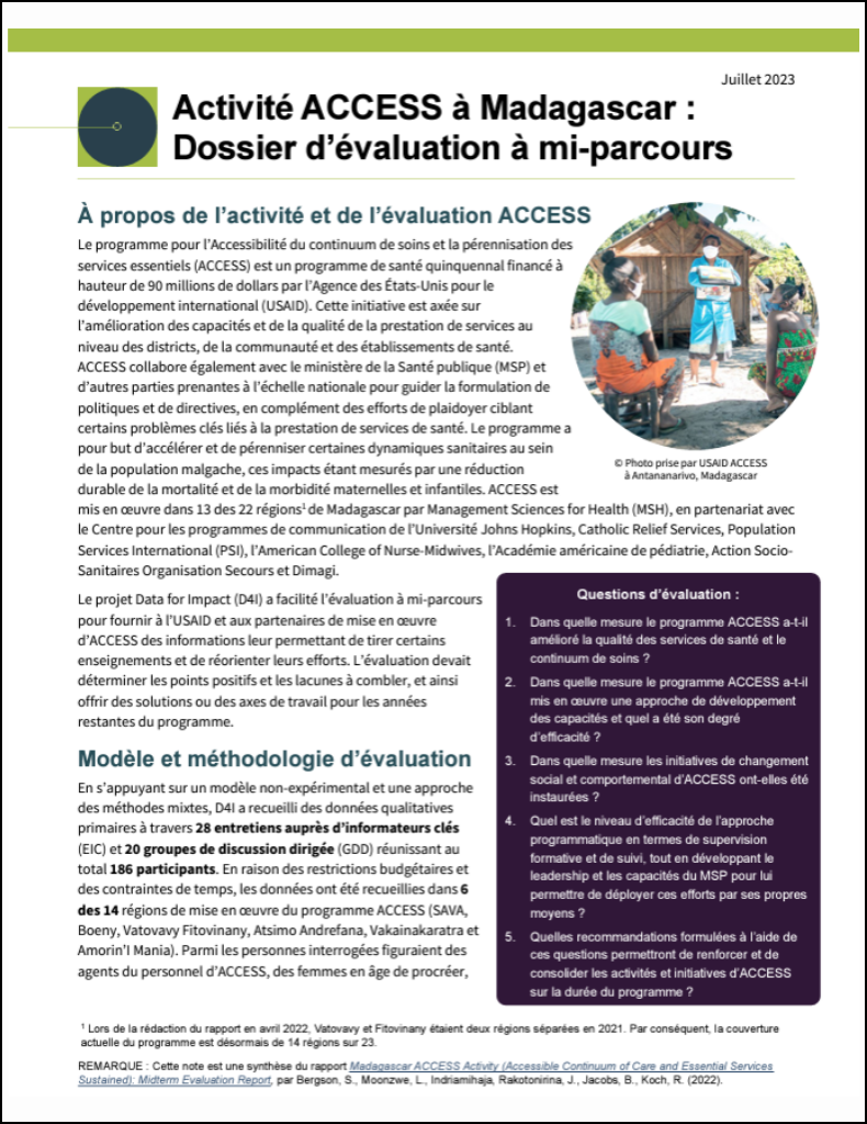 Activité ACCESS à Madagascar : Dossier d’évaluation à mi-parcours