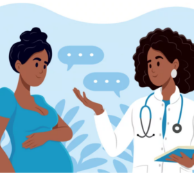 Illustration of a pregnant woman and a female doctor.