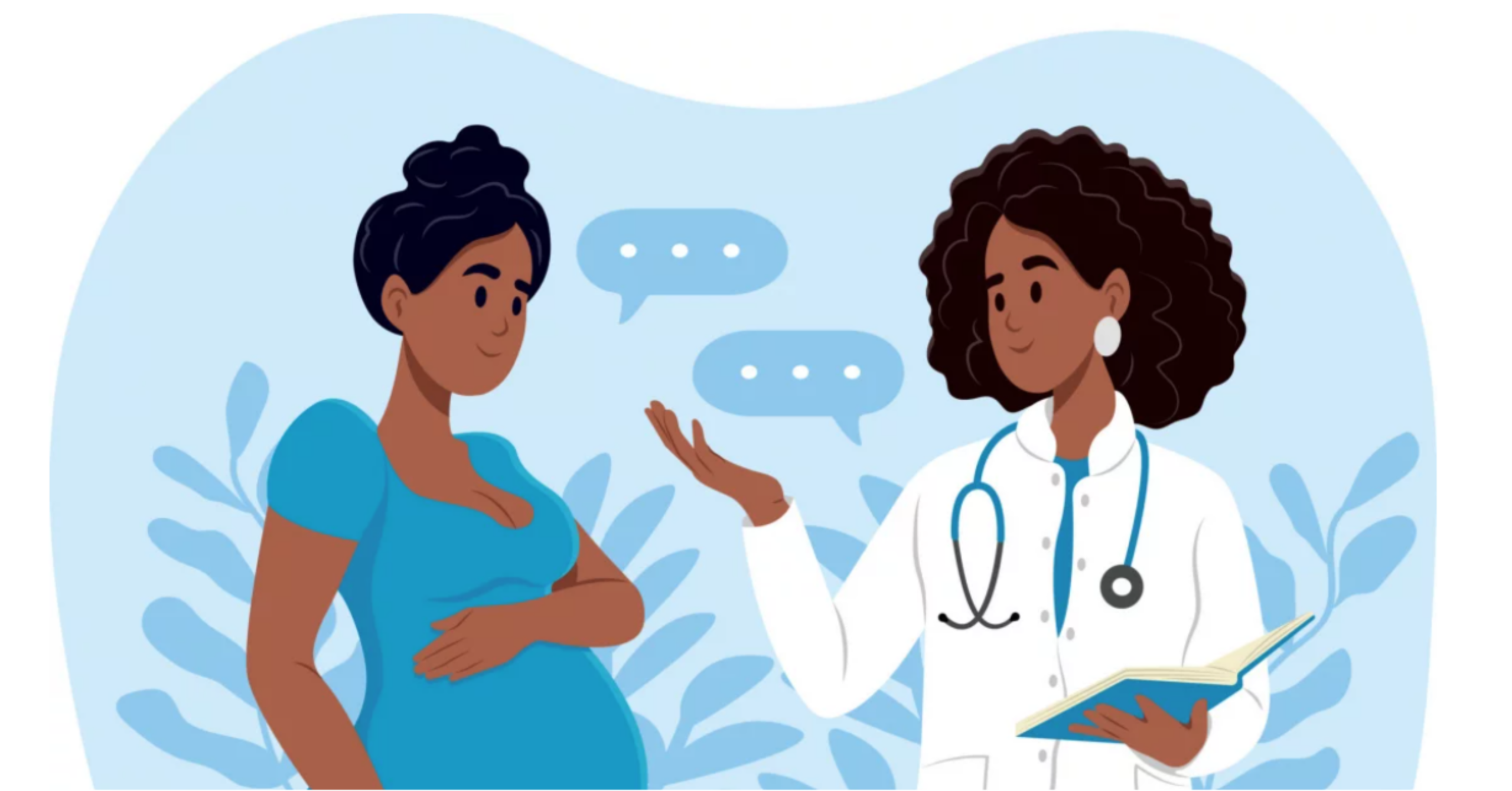 Illustration of a pregnant woman and a female doctor.