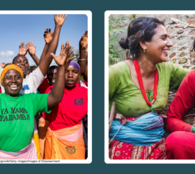 One photo showing a group of smiling women from Kenya, and one photo showing two smiling women from Nepal.