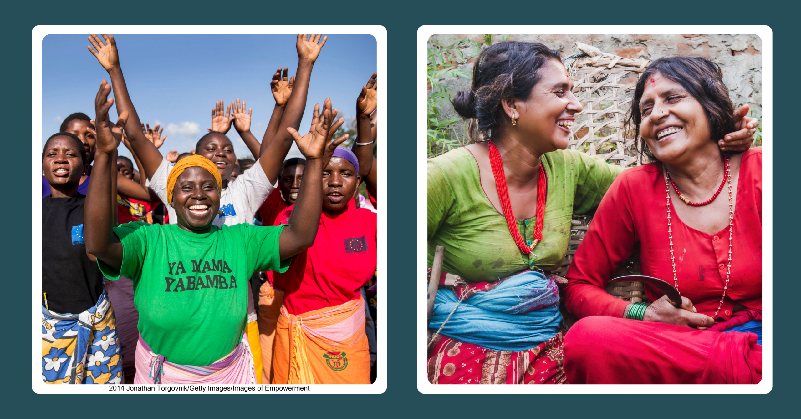 One photo showing a group of smiling women from Kenya, and one photo showing two smiling women from Nepal.