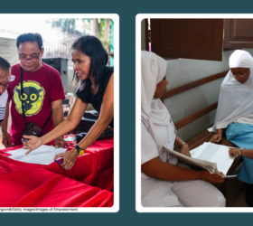Photo showing a group of 6 Filipino people meeting to discuss their lives and livelihoods in the context of enterprise projects and environmental considerations. Photo showing 4 Tanzanian women meeting to check on recordkeeping of insecticide-treated nets.