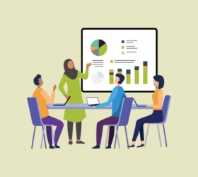 A graphic showing a woman presenting data to a group of three people at a table.